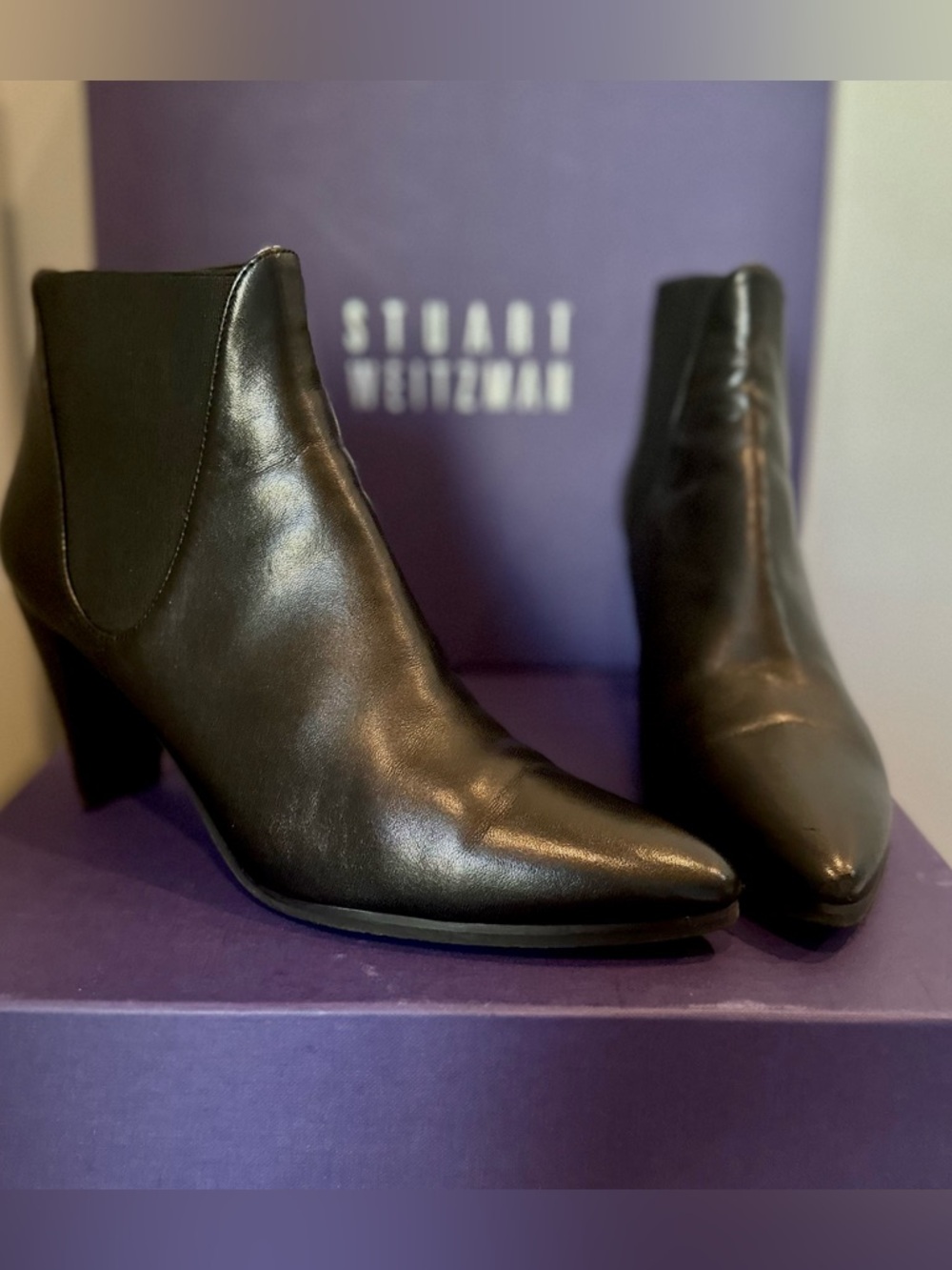 Stuart Weitzman Black Leather Pointed-Toe Ankle Booties
